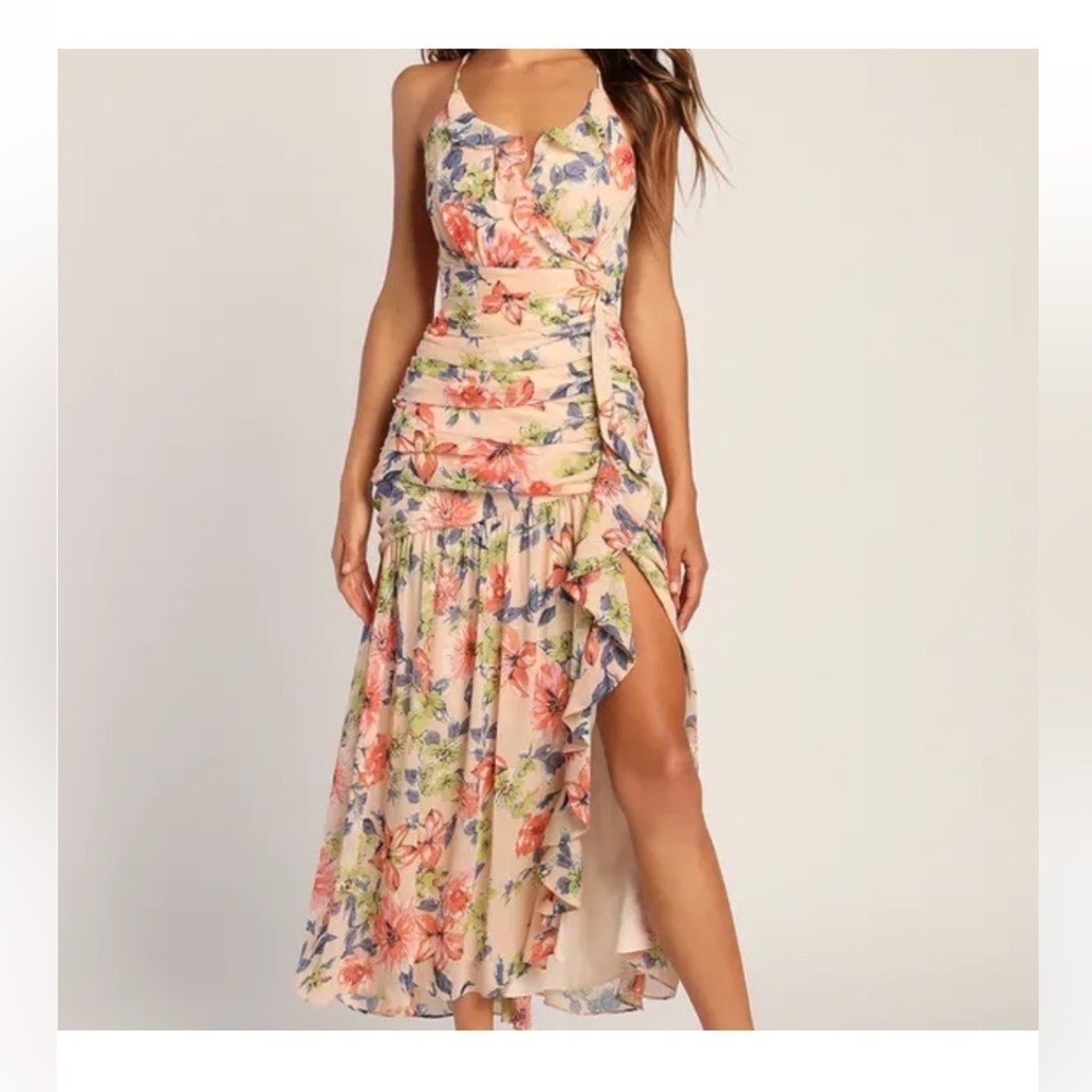 NWT Stunning Soiree Blush Pink Floral Print Ruched Midi Dress size L